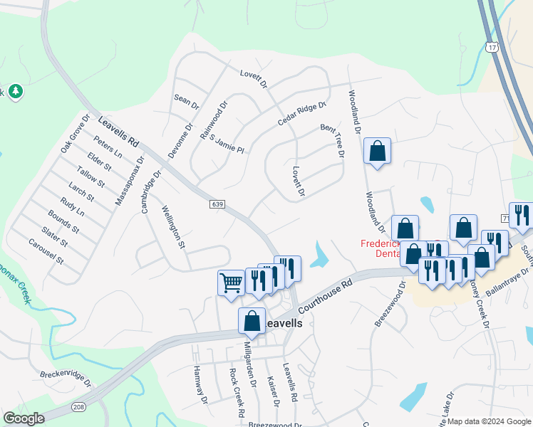 map of restaurants, bars, coffee shops, grocery stores, and more near 10628 Kemper Court in Fredericksburg