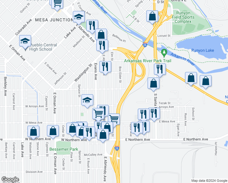 map of restaurants, bars, coffee shops, grocery stores, and more near 1004 Elm Street in Pueblo
