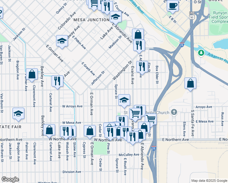 map of restaurants, bars, coffee shops, grocery stores, and more near 941 Spruce St in Pueblo