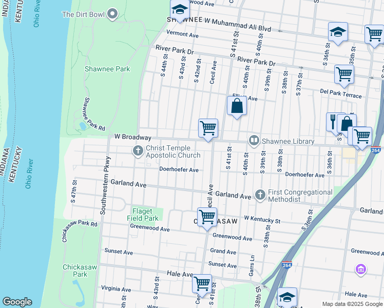 map of restaurants, bars, coffee shops, grocery stores, and more near 4206 West Broadway in Louisville