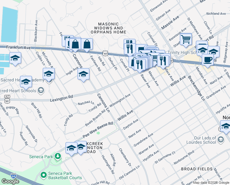 map of restaurants, bars, coffee shops, grocery stores, and more near 3426 Lexington Road in Louisville