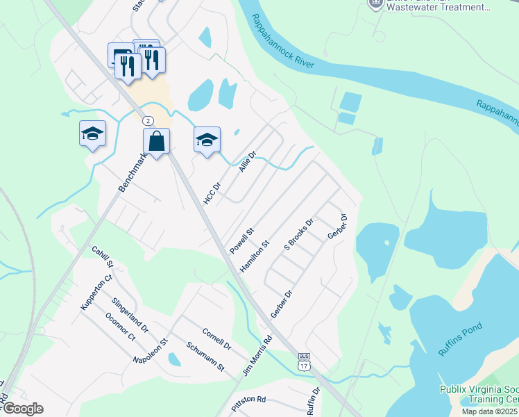 map of restaurants, bars, coffee shops, grocery stores, and more near 215 Powell Street in Fredericksburg