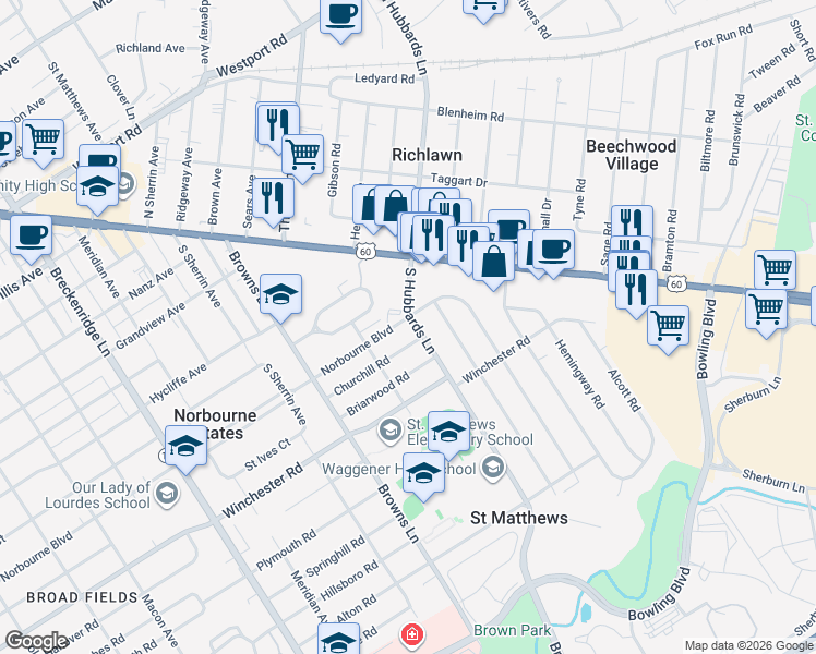 map of restaurants, bars, coffee shops, grocery stores, and more near 201 South Hubbards Lane in Louisville