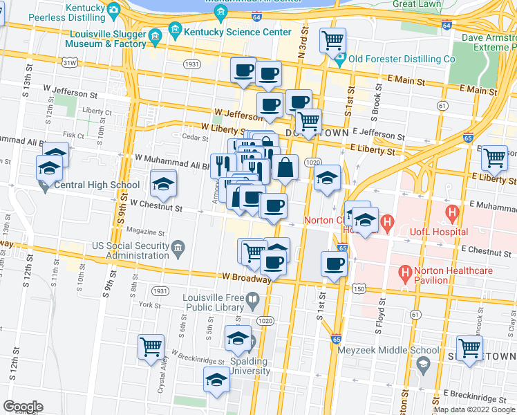map of restaurants, bars, coffee shops, grocery stores, and more near 555 South 4th Street in Louisville