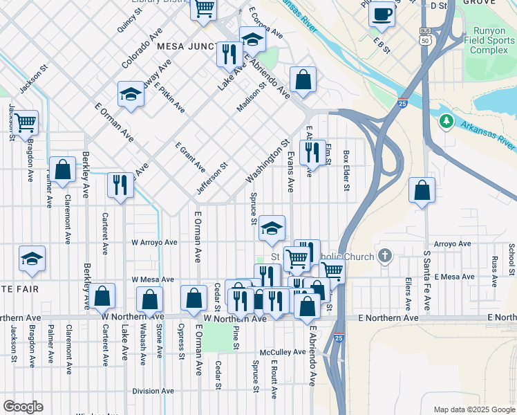 map of restaurants, bars, coffee shops, grocery stores, and more near 1000 Spruce Street in Pueblo
