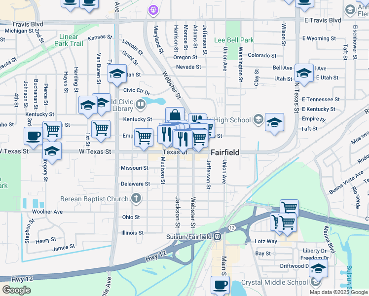 map of restaurants, bars, coffee shops, grocery stores, and more near 724 Jackson Street in Fairfield