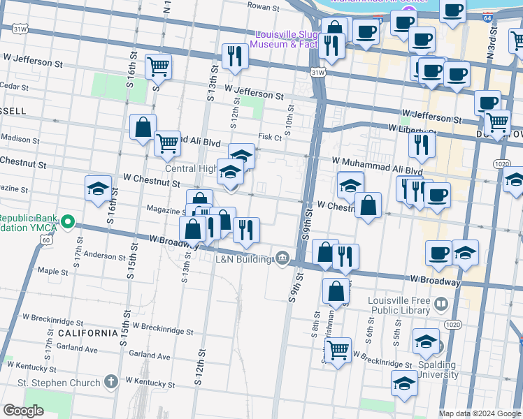 map of restaurants, bars, coffee shops, grocery stores, and more near 1015 Magazine Street in Louisville