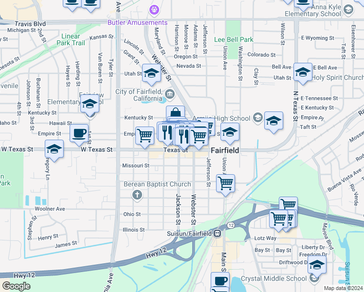 map of restaurants, bars, coffee shops, grocery stores, and more near 724 Jackson Street in Fairfield