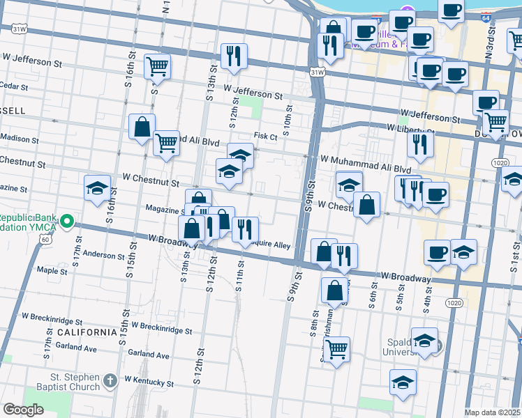 map of restaurants, bars, coffee shops, grocery stores, and more near 1015 Magazine Street in Louisville