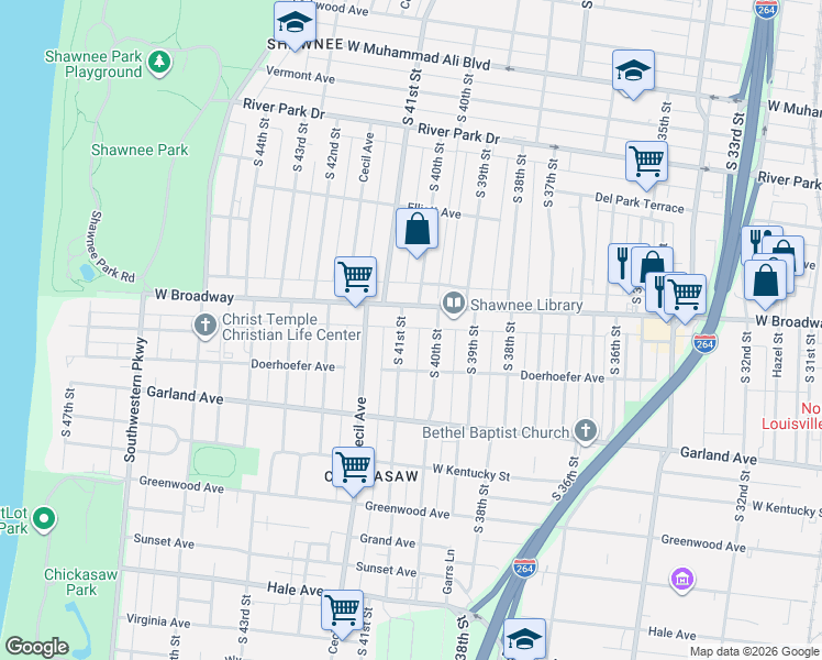 map of restaurants, bars, coffee shops, grocery stores, and more near 710 South 41st Street in Louisville