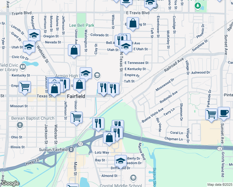 map of restaurants, bars, coffee shops, grocery stores, and more near 740 North Texas Street in Fairfield