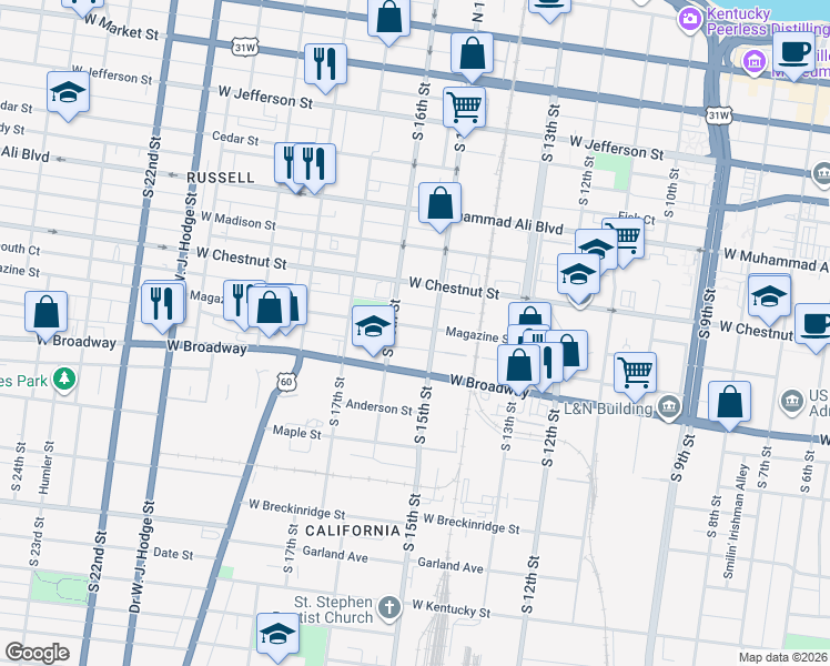 map of restaurants, bars, coffee shops, grocery stores, and more near 1529 Magazine Street in Louisville
