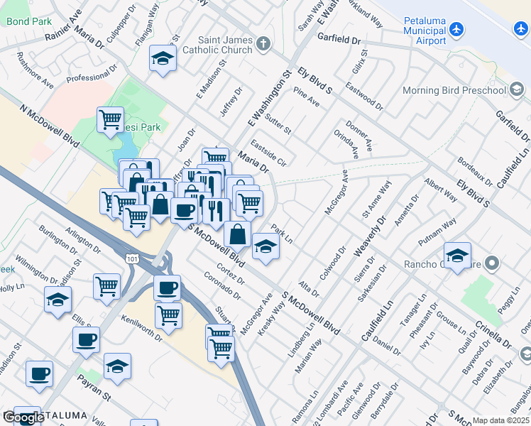 map of restaurants, bars, coffee shops, grocery stores, and more near 55 Maria Drive in Petaluma
