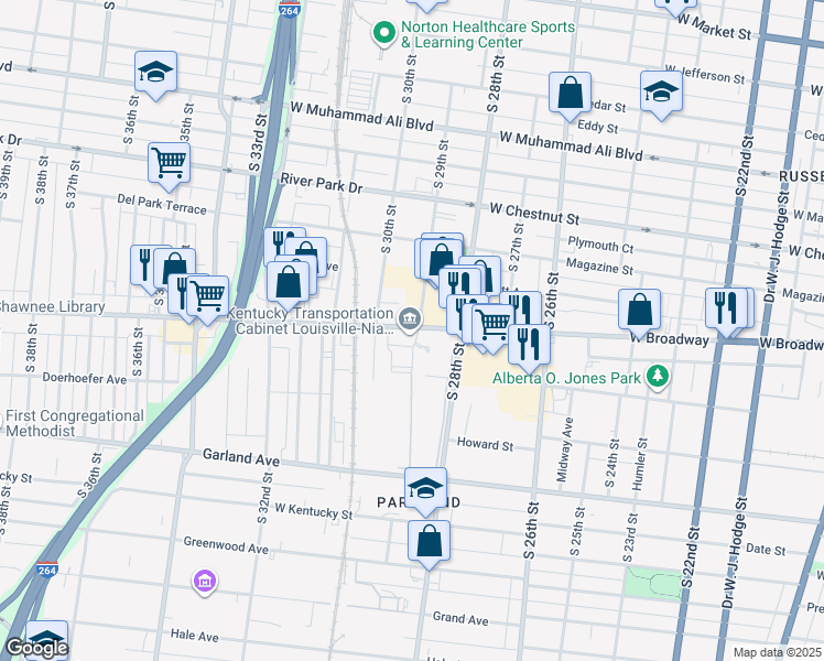map of restaurants, bars, coffee shops, grocery stores, and more near in Louisville