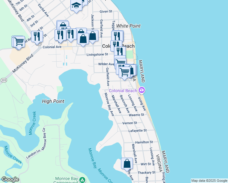 map of restaurants, bars, coffee shops, grocery stores, and more near 212 Boundary Street in Colonial Beach
