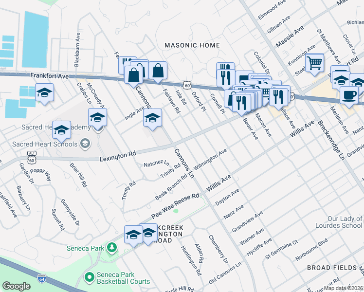 map of restaurants, bars, coffee shops, grocery stores, and more near 3411 Lexington Road in Louisville