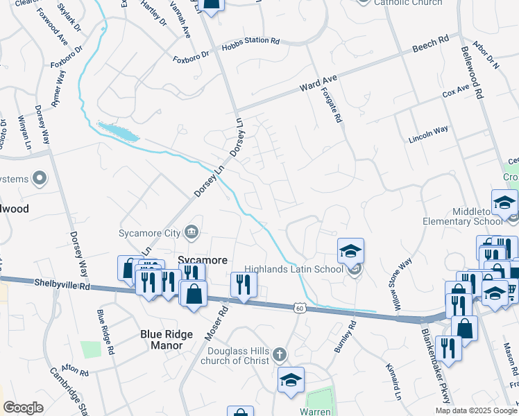 map of restaurants, bars, coffee shops, grocery stores, and more near 10740 Colonial Woods Court in Louisville