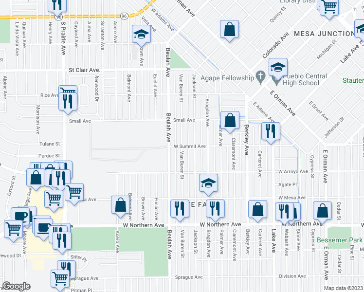 map of restaurants, bars, coffee shops, grocery stores, and more near 1899 West Summit Avenue in Pueblo