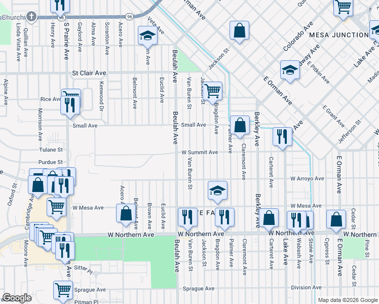 map of restaurants, bars, coffee shops, grocery stores, and more near Van Buren Street in Pueblo