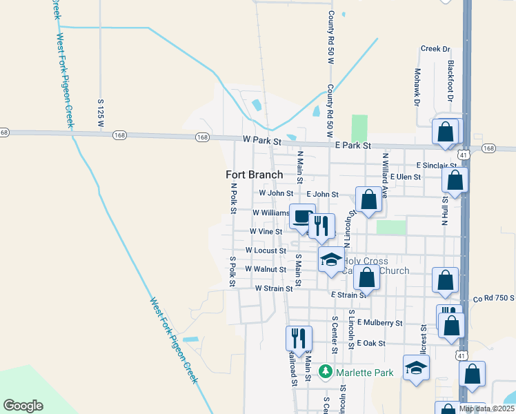 map of restaurants, bars, coffee shops, grocery stores, and more near 402 North Railroad Street in Fort Branch