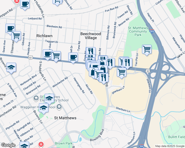 map of restaurants, bars, coffee shops, grocery stores, and more near 4520-4598 Shelbyville Rd in Louisville