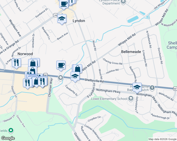 map of restaurants, bars, coffee shops, grocery stores, and more near 120 Holley Road in Louisville
