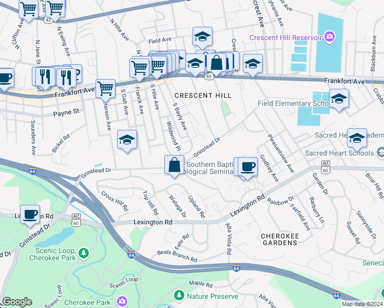 map of restaurants, bars, coffee shops, grocery stores, and more near 2745 Grinstead Drive in Louisville