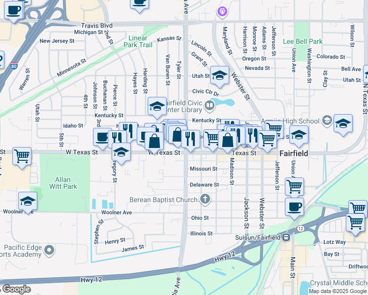 map of restaurants, bars, coffee shops, grocery stores, and more near 1305 Empire Street in Fairfield