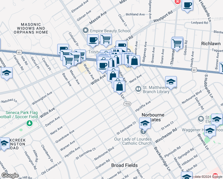 map of restaurants, bars, coffee shops, grocery stores, and more near 209 Breckenridge Lane in Louisville