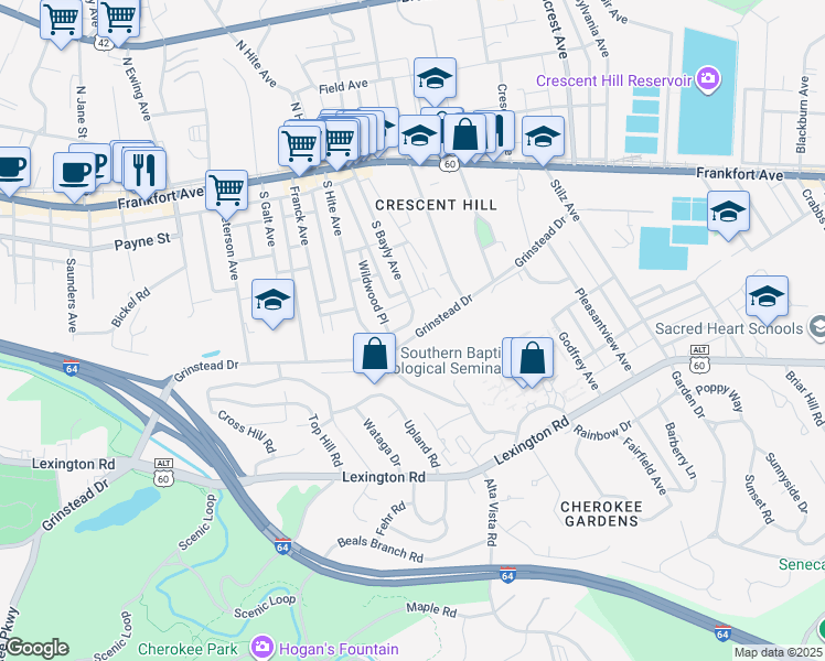 map of restaurants, bars, coffee shops, grocery stores, and more near 355 South Bayly Avenue in Louisville