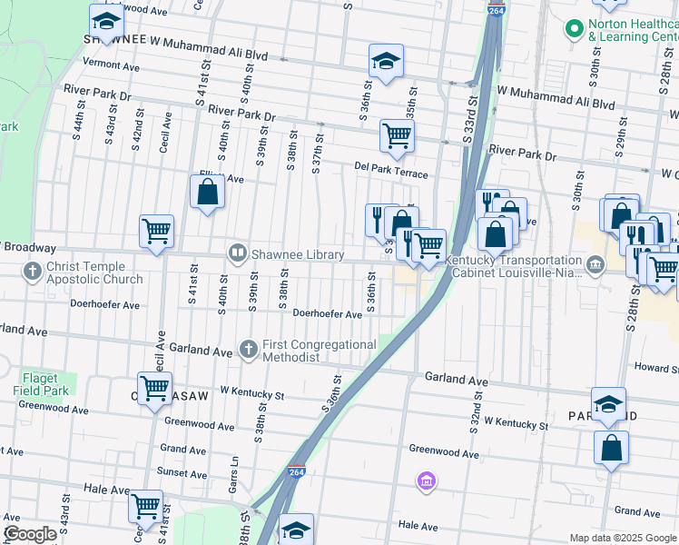 map of restaurants, bars, coffee shops, grocery stores, and more near 3622 West Broadway in Louisville
