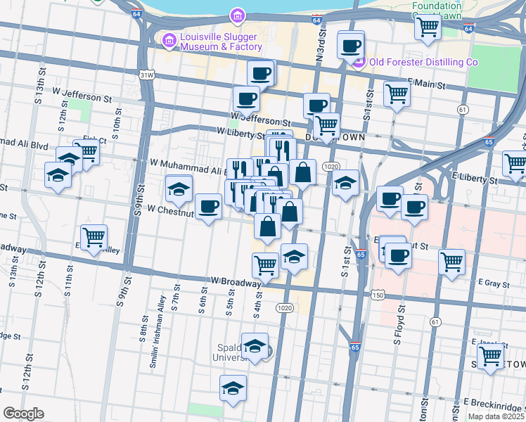 map of restaurants, bars, coffee shops, grocery stores, and more near 540 South 4th Street in Louisville
