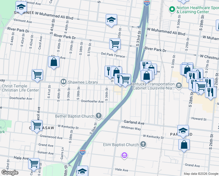 map of restaurants, bars, coffee shops, grocery stores, and more near 3501 West Broadway in Louisville