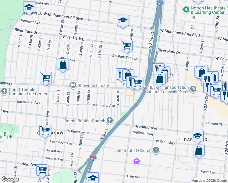 map of restaurants, bars, coffee shops, grocery stores, and more near 3622 West Broadway in Louisville