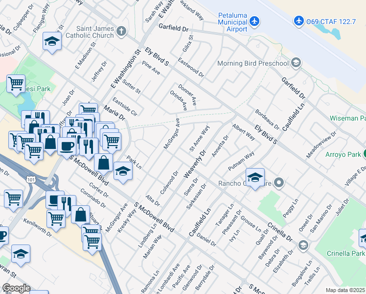 map of restaurants, bars, coffee shops, grocery stores, and more near 116 Alta Drive in Petaluma