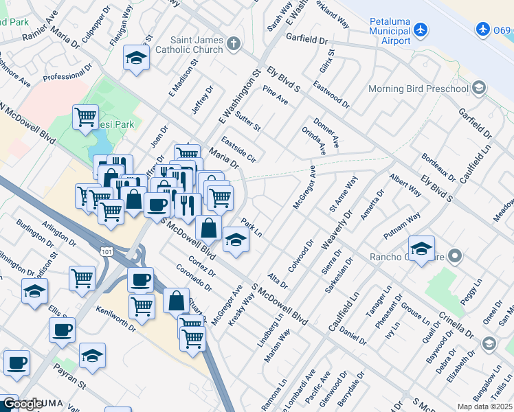 map of restaurants, bars, coffee shops, grocery stores, and more near 321 Greenbriar Circle in Petaluma