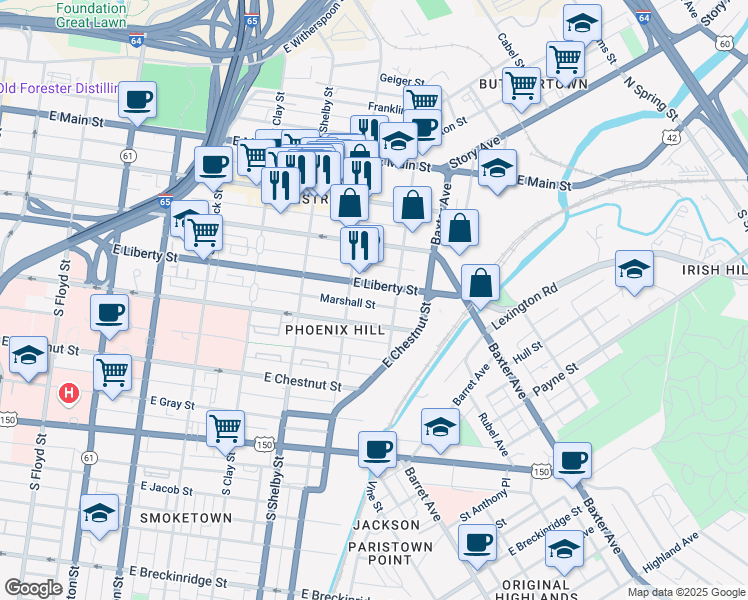 map of restaurants, bars, coffee shops, grocery stores, and more near 924 East Liberty Street in Louisville
