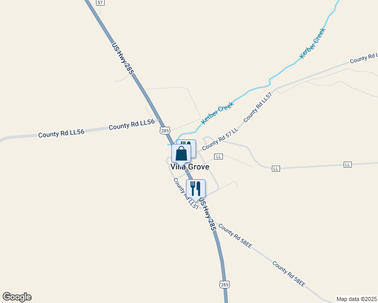 map of restaurants, bars, coffee shops, grocery stores, and more near 16 Vlg Blk 2 in Villa Grove