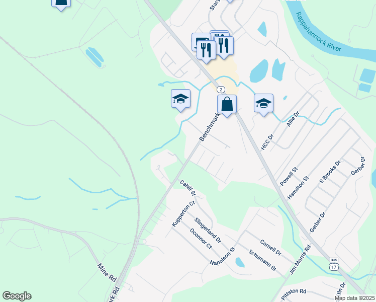 map of restaurants, bars, coffee shops, grocery stores, and more near 10520 Benchmark Road in Fredericksburg