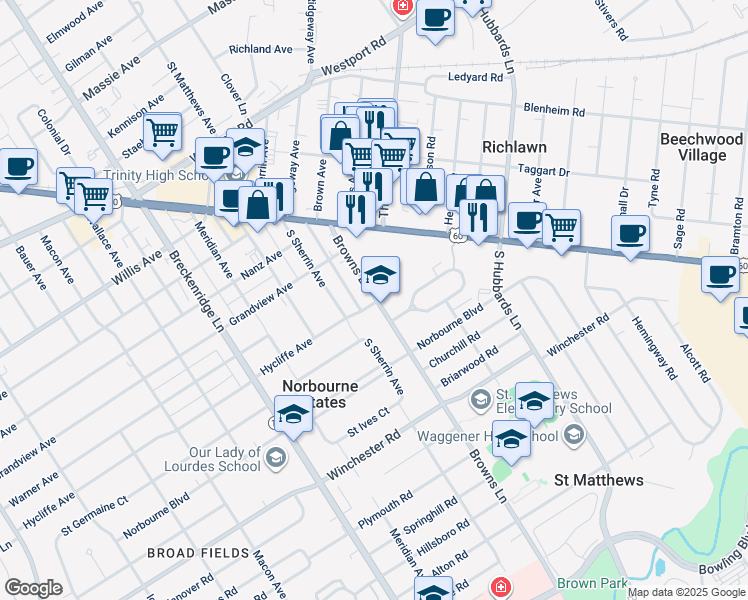 map of restaurants, bars, coffee shops, grocery stores, and more near 222 Browns Lane in Saint Matthews