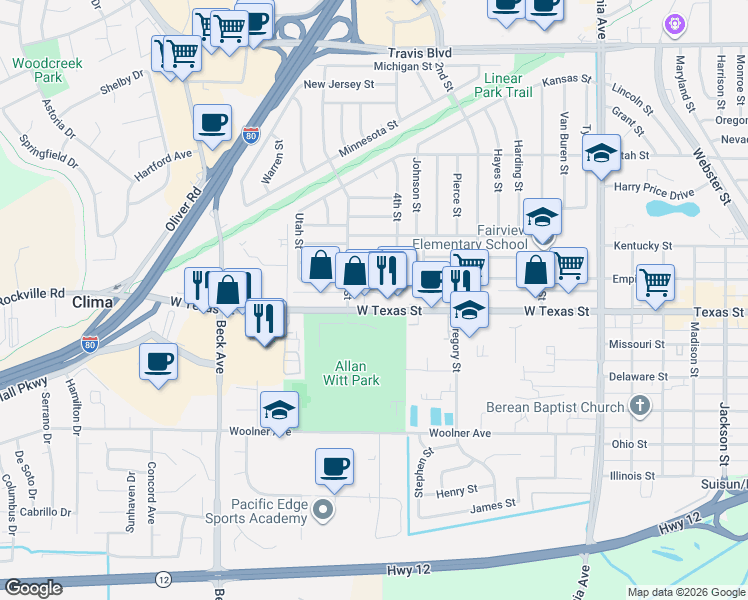 map of restaurants, bars, coffee shops, grocery stores, and more near 1720 West Texas Street in Fairfield