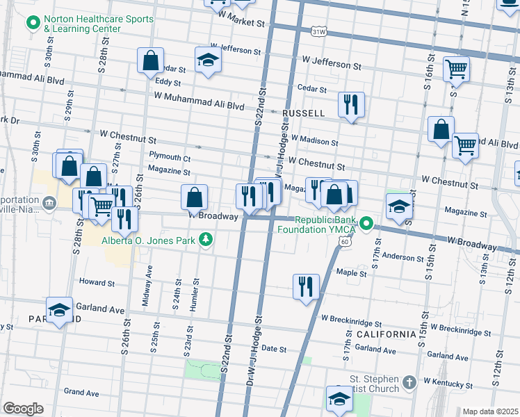 map of restaurants, bars, coffee shops, grocery stores, and more near 654 South 22nd Street in Louisville