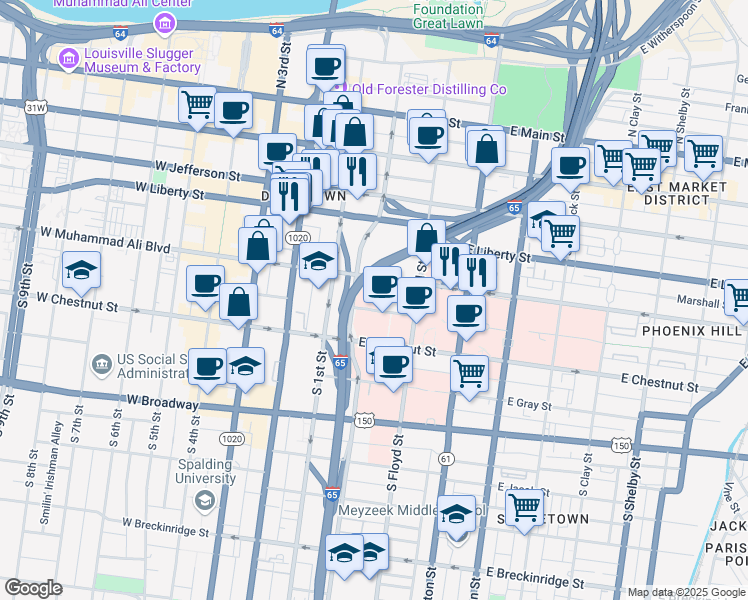 map of restaurants, bars, coffee shops, grocery stores, and more near 225 Abraham Flexner Way in Louisville