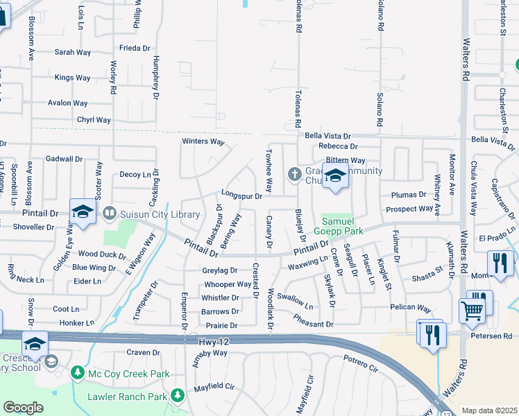 map of restaurants, bars, coffee shops, grocery stores, and more near 827 Crested Drive in Suisun City