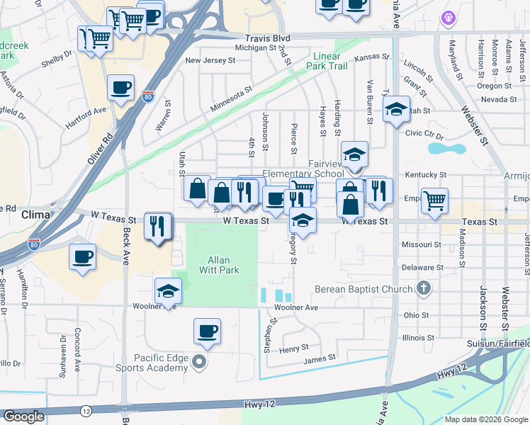 map of restaurants, bars, coffee shops, grocery stores, and more near 1652 West Texas Street in Fairfield