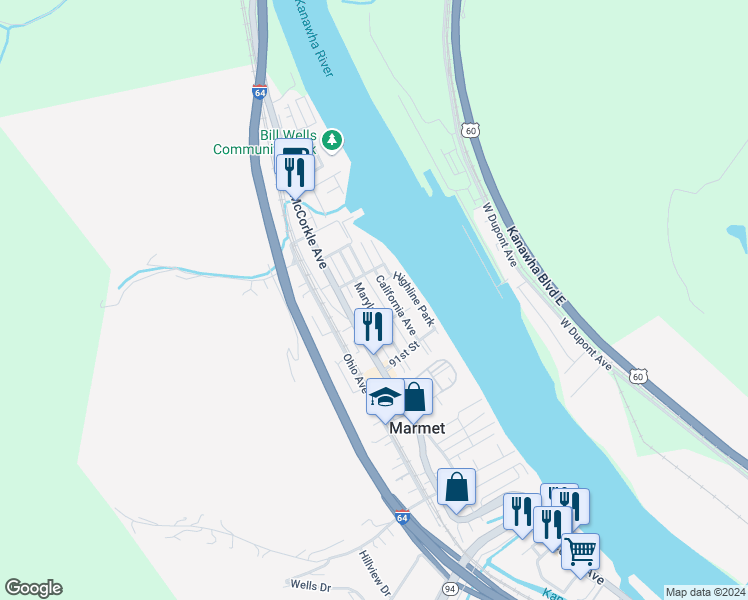 map of restaurants, bars, coffee shops, grocery stores, and more near 8902 California Avenue in Marmet