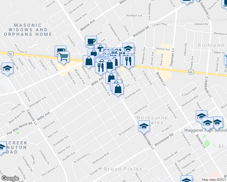 map of restaurants, bars, coffee shops, grocery stores, and more near 209 Breckenridge Lane in Louisville