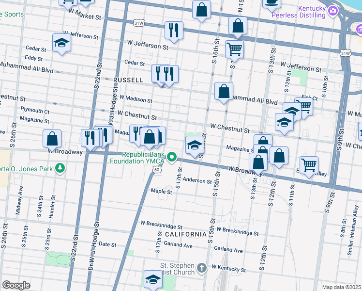 map of restaurants, bars, coffee shops, grocery stores, and more near 1718 Magazine Street in Louisville