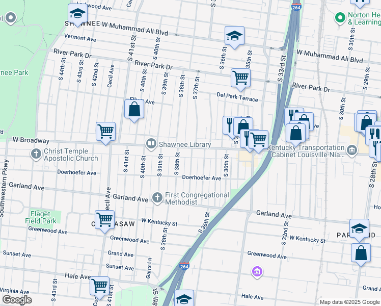 map of restaurants, bars, coffee shops, grocery stores, and more near 3718 West Broadway in Louisville
