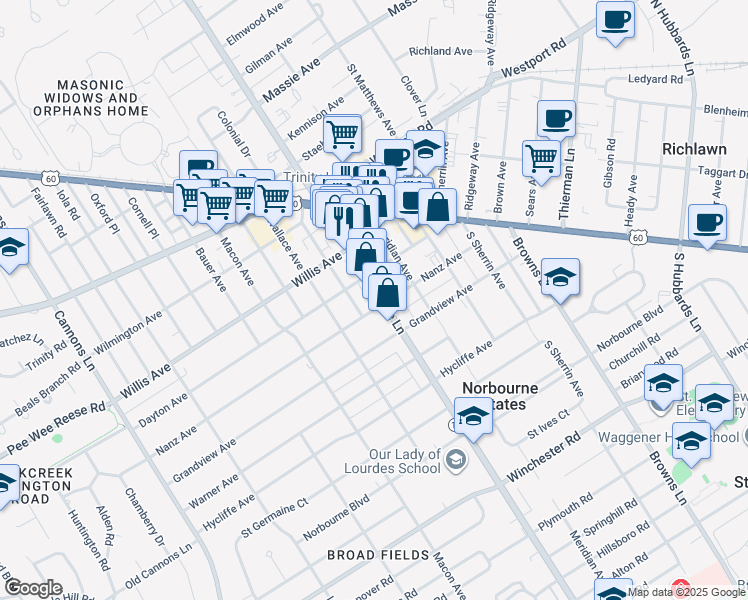 map of restaurants, bars, coffee shops, grocery stores, and more near 210 Breckenridge Lane in Louisville